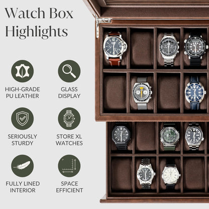TAWBURY 24 Slot Watch Box for Men - Extra Large Watch Case with Double-Layer Design for Optimized Storage | Removable Drawer for Easy Handling (Brown)