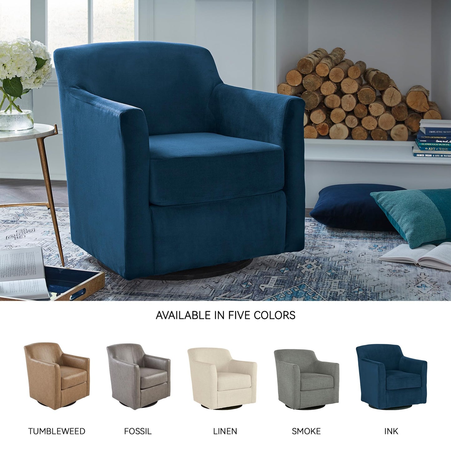 Signature Design by Ashley Bradney Swivel Chair with Blue Velvet Upholstery, Contemporary Shelter‑Arm Seating with Reversible Cushion and Wood Base for Living Room or Bedroom