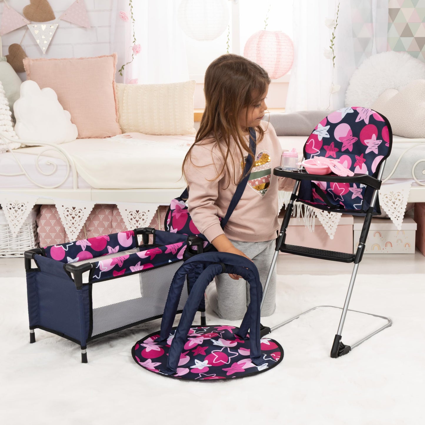 Bayer Real Life Baby Doll Accessories - 9-in-1 Furniture Set with Highchair, Travel Bed, Dining Set