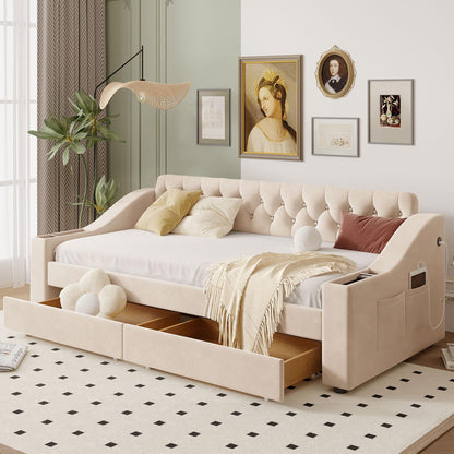 GDFStudio Twin Size Upholstered Daybed with USB Ports and Storage Drawers, Velvet Daybed Frame with Button Tufted Armrests and Wood Slat Support, Beige