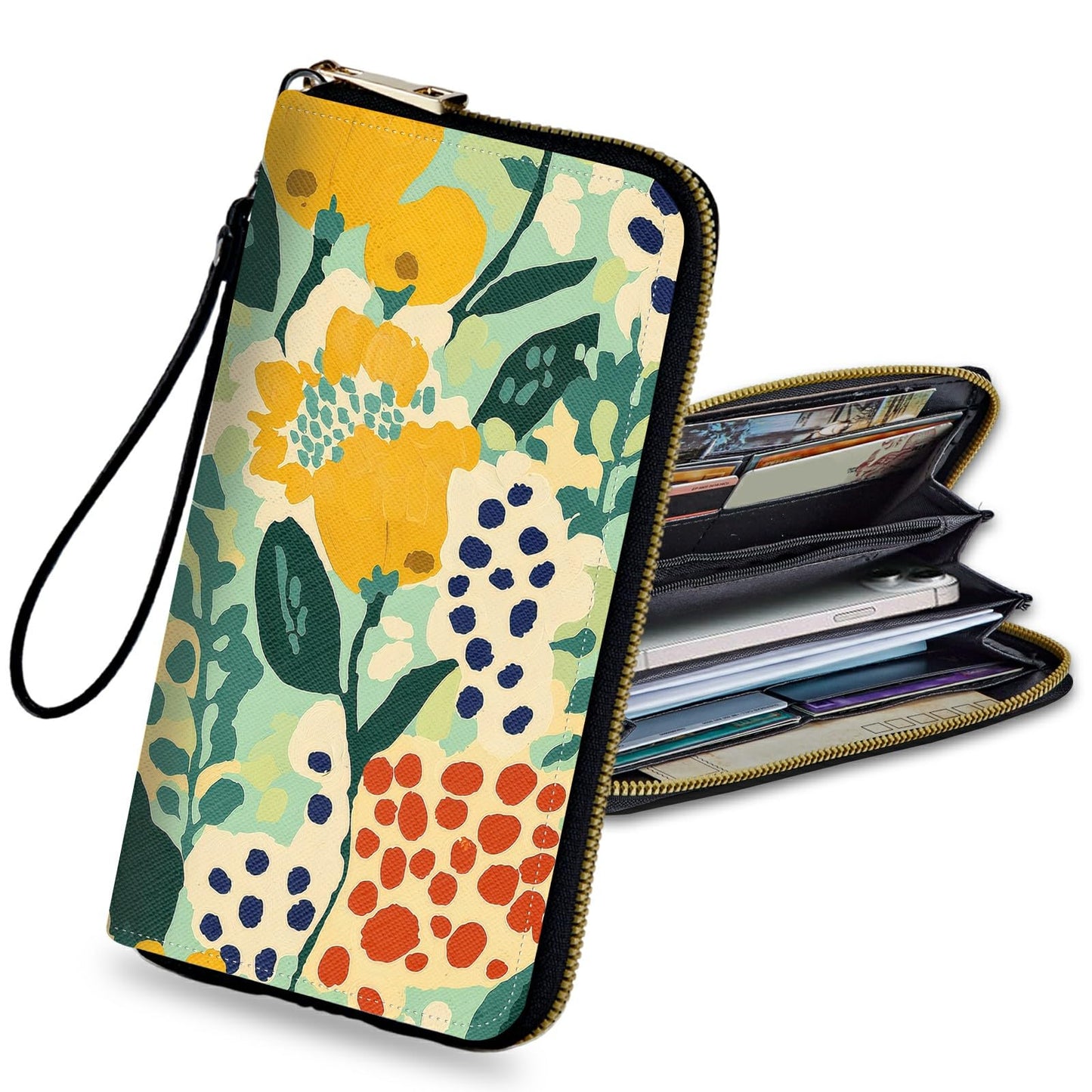 JNFBWULO Doodle Plants Wristlet Wallet for Women, RFID Blocking Phone Wallet, Large Capacity Zip Around Clutch, Fits iPhone 15 Pro Max, Travel Organizer Purse