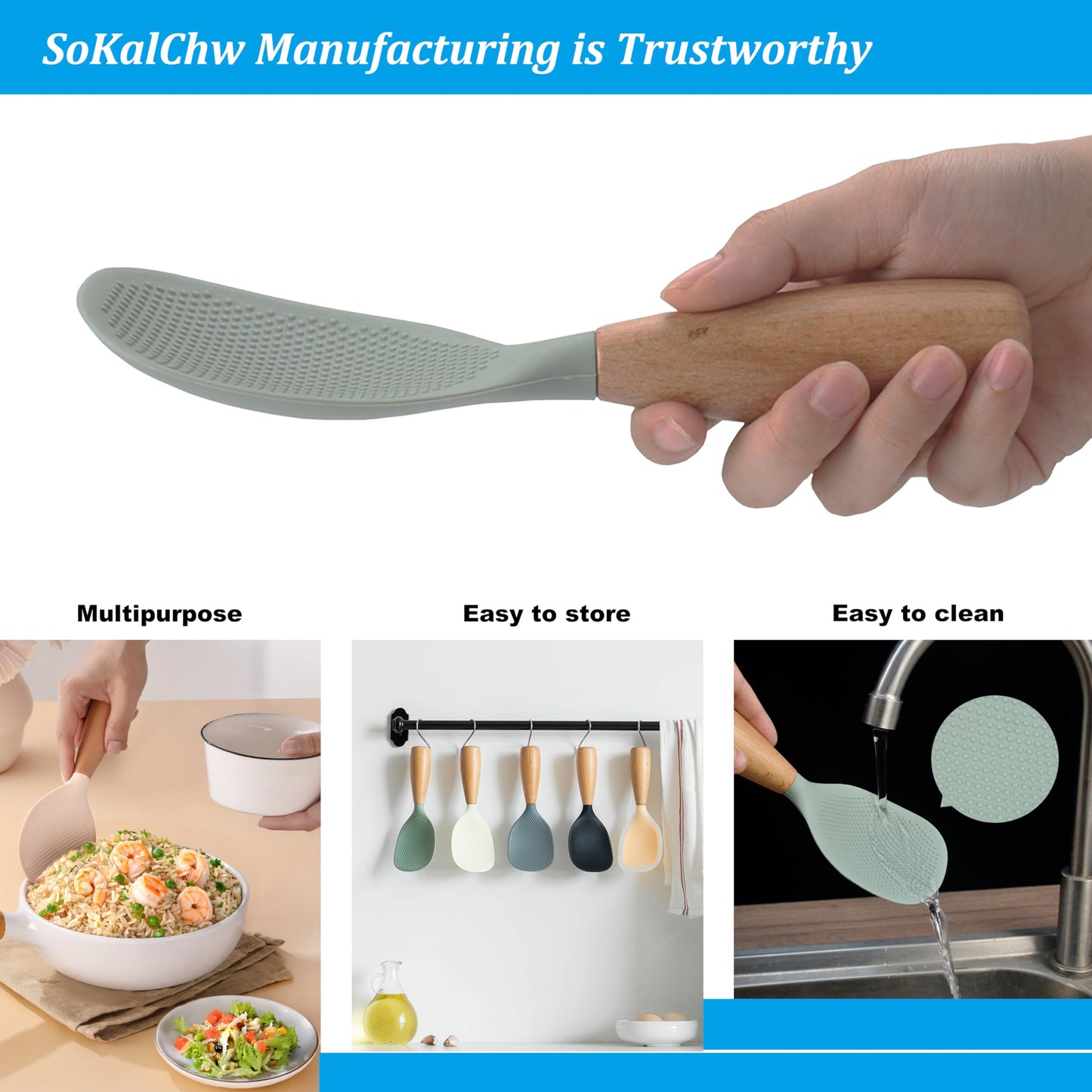 SoKalChw Standing Silicone Cooking Spoon and Rice Spoon with Wooden Handle, Great for Cooking, Mixing, Scoop, Scrape, Non stick Heat Resistant (Grey)