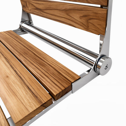 Teak Shower Seat Bench with Back - Wall Mounted Fold Up Shower Seat, Waterproof Folding Teak Bath Chair for Seniors, 304 Stainless Steel Frame, with 300 lbs Capacity - 18" Length, Polished