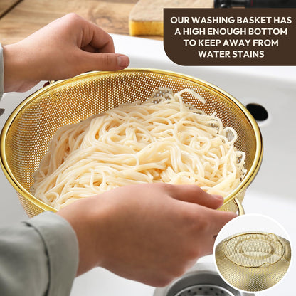 Baderke 3 Pieces Stainless Steel Gold Colander Metal Strainer with Handle Pasta Gold Colander for Kitchen Draining Pasta Rinsing Vegetables Rice Food, 3 Sizes(1-3-5 Quart,Classic)