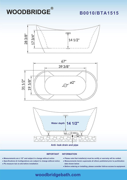 WOODBRIDGE 67" Acrylic Freestanding Bathtub Contemporary Soaking White Tub with Brushed Gold Overflow and Drain,B0010-BG