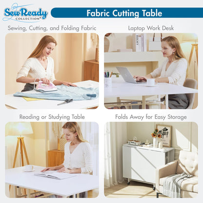 Sew Ready Folding Sewing Craft Table with Storage, Adjustable Height Cutting Desk with Drawers and Wheels for Quilting, Fabric, and Hobby Room, White