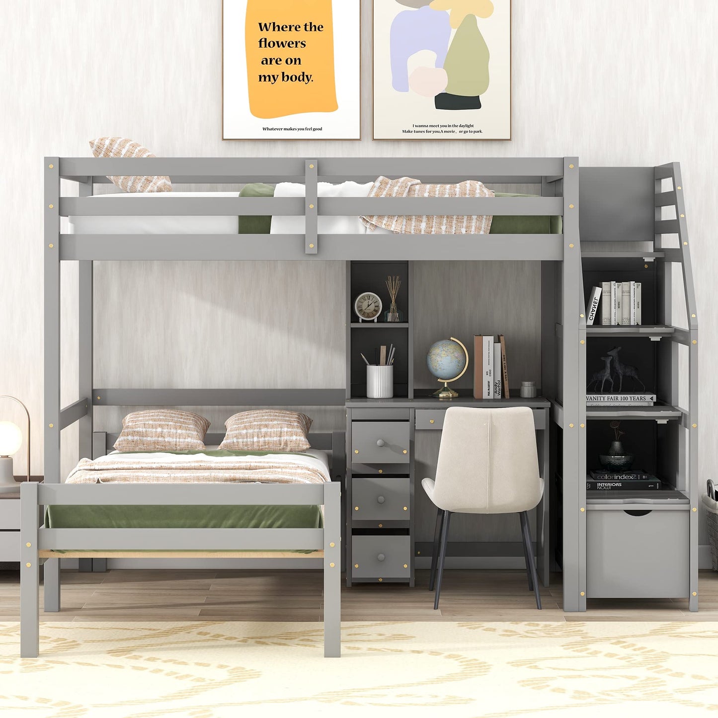 Jintop Twin Size Solid Wood Loft Bed with Storage Staircase and Desk, Bedroom Multifunctional Separable Bed Frame w/Shelves & Drawers,No Box Spring Needed,for Adult Kid Boy Girl,Gray
