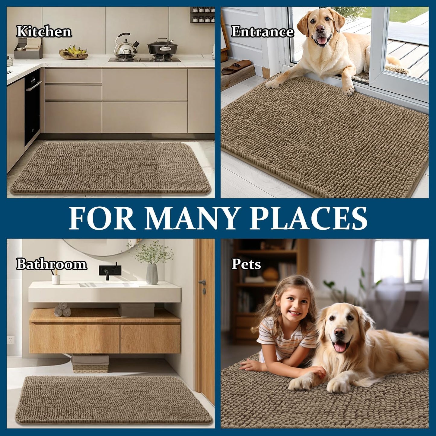 OLANLY Dog Door Mat - Absorbent Non-Slip Chenille Mat for Muddy Paws | 59x24 Inches, Tan