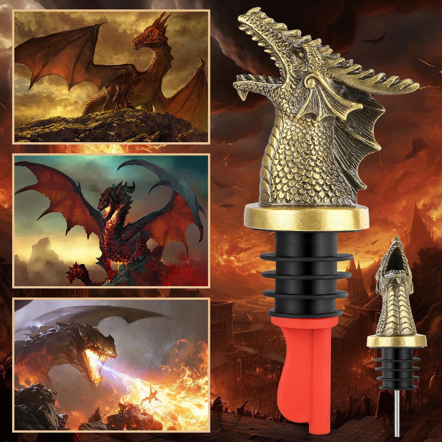 Dragon Head 2-In-1 Wine Bottle Pourer and Stopper, Dragon Gifts for Men Women Dragon Fans, Liquor Bottle Pourers Spout for Alcohol Spirits, Wine Accessories Gifts, Bronze