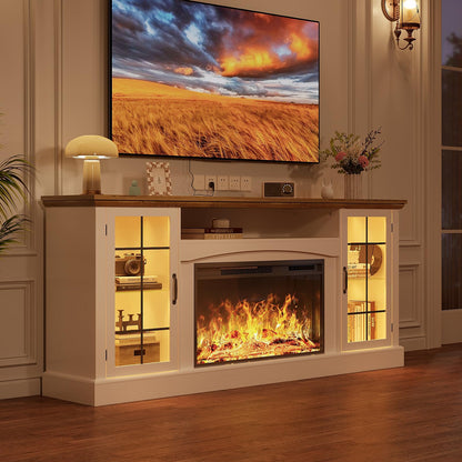 OneBlis 2-in-1 Multifunctional Fireplace TV Stand with 30" Removable Electric Fireplace, 70" Farmhouse Entertainment Center, Media Console Table with Large Storage Cabinets, for Living Room, White