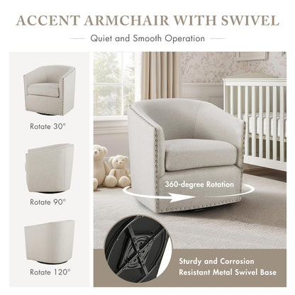 Madison Park Swivel Barrel Accent Chair, Upholstered Curved Back with 7-Inch Thick Woven Cushion, 360° Swivel, Nailhead Trim, Comfy Chair for Living Room, Bedroom, Office, 28" Wide, Neutral, Tyler