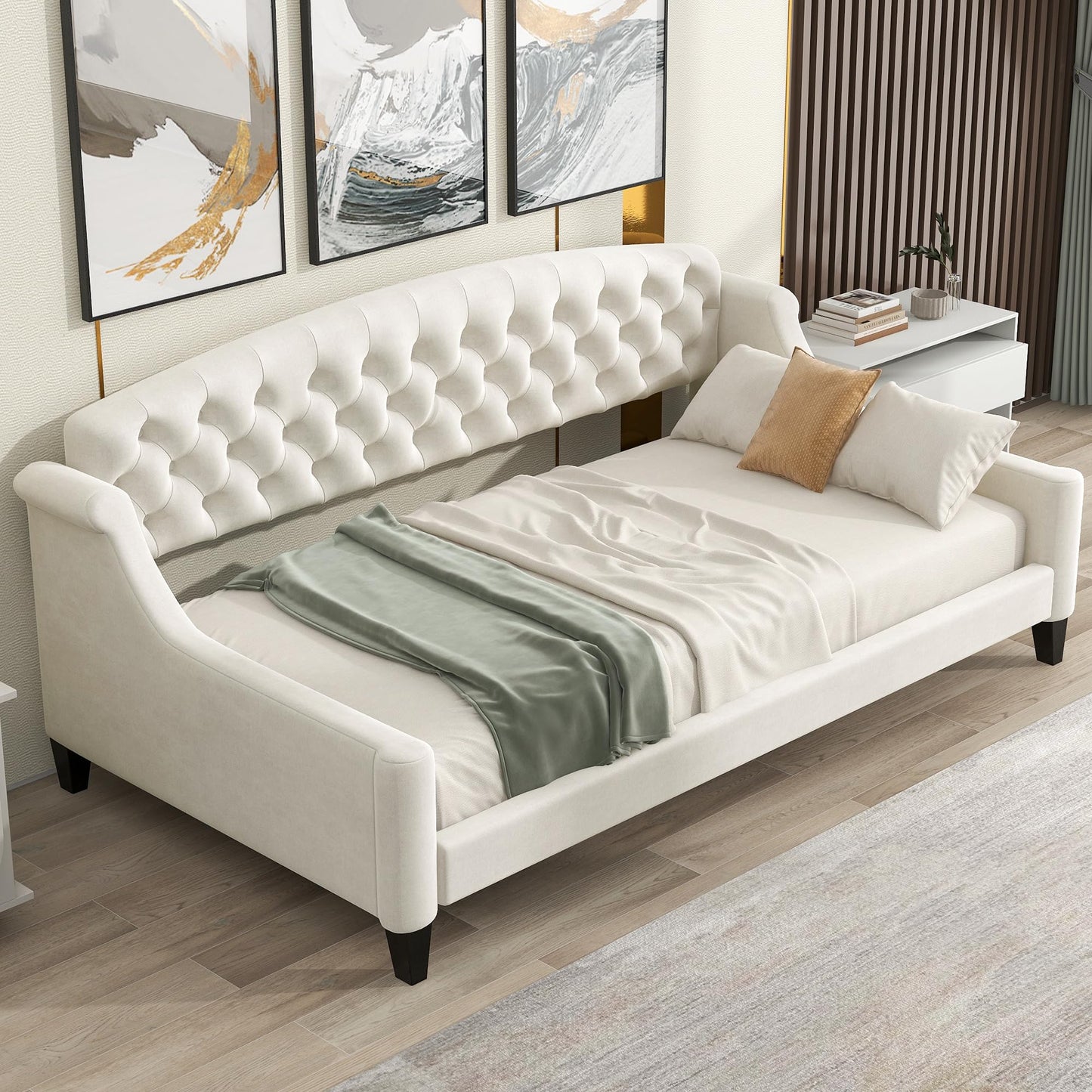 Merax Twin Size Modern Luxury Tufted Button Daybed, Upholstered Twin Daybed Frame, Sofa Bed for Bedroom, Living Room, Twin, Beige