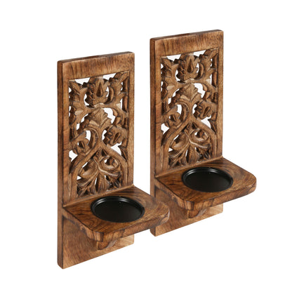 Wall Mount Rustic Candle Sconces Set of 2 - Wooden Floating Shelf Pillar Candle Holders, Farmhouse Wall Décor for Living Room & Bedroom - 16 Inch - Antique Burnt