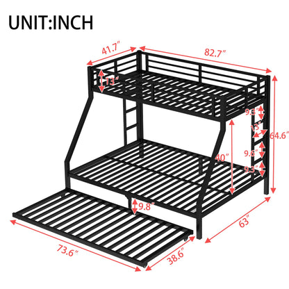 FammyLoft Twin XL Over Queen Bunk Bed with Twin Size Trundle, Heavy Duty Bunk Beds for Adults, Metal Bunk Bed Frame with Safety Guardrails & 2 Side Ladder, Space Saving Frame, Black