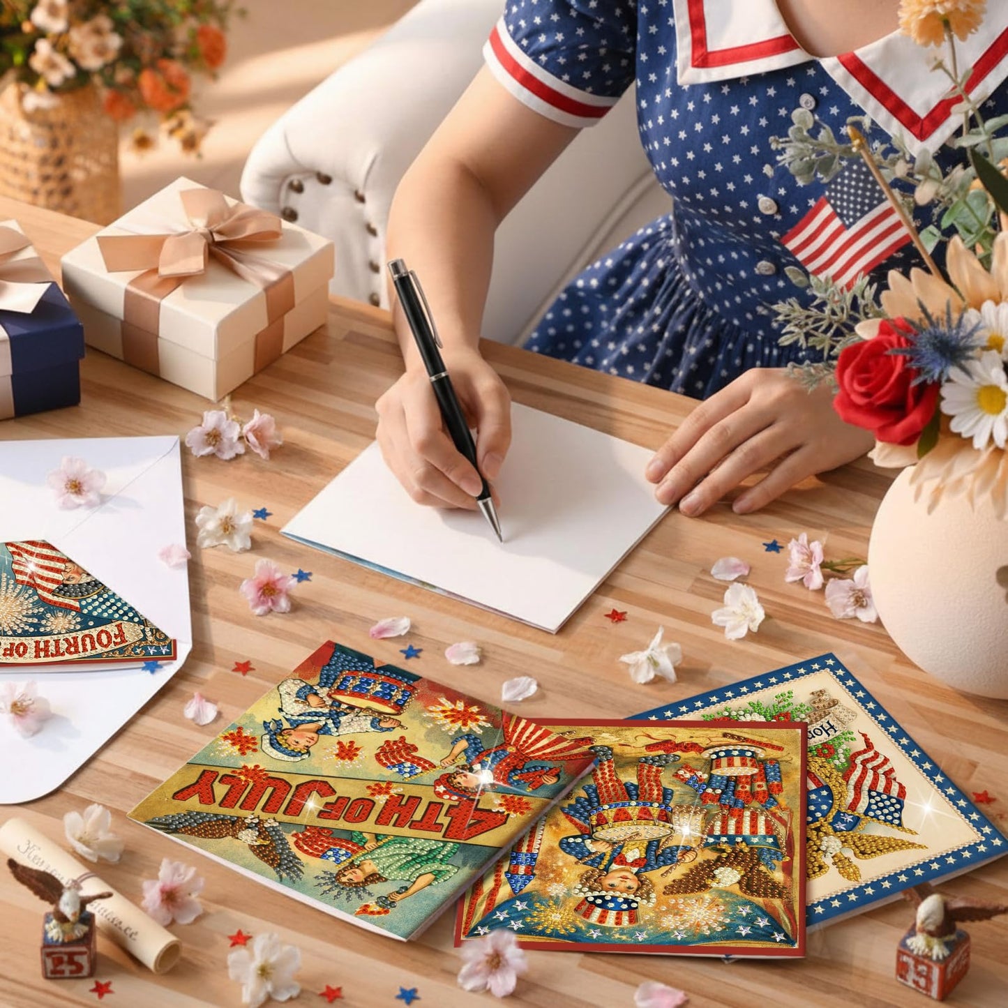 Saillong 12 Pack Vintage 4th of July Diamond Painting Greeting Card Kits Patriotic Diamond Art Cards with Envelopes Retro Red White Blue 5D Rhinestones Painting Making Kits for Adults DIY Craft Gifts