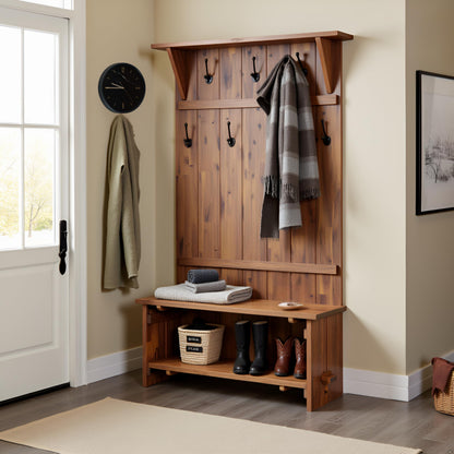 Alaterre Furniture Bethel Hall Tree with Bench – Rustic 70-Inch Entryway Organizer with 7 Metal Double Coat Hooks, Solid Wood Bench and Storage Shelves for Mudroom or Hallway (Natural Aged Brown)