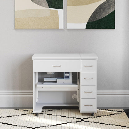 Arrow Classic Sewing Furniture Alice Compact Mid-Size Sewing Cabinet with Hydraulic Machine Lift, Drawers, Expandable Leaves, Locking Wheels - Ash White