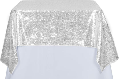 PartyDelight Silver Sequin Tablecloth Overlay 50 X 50 Inch for Wedding, Party, Birthday, Bridal, Baby Shower Decorations