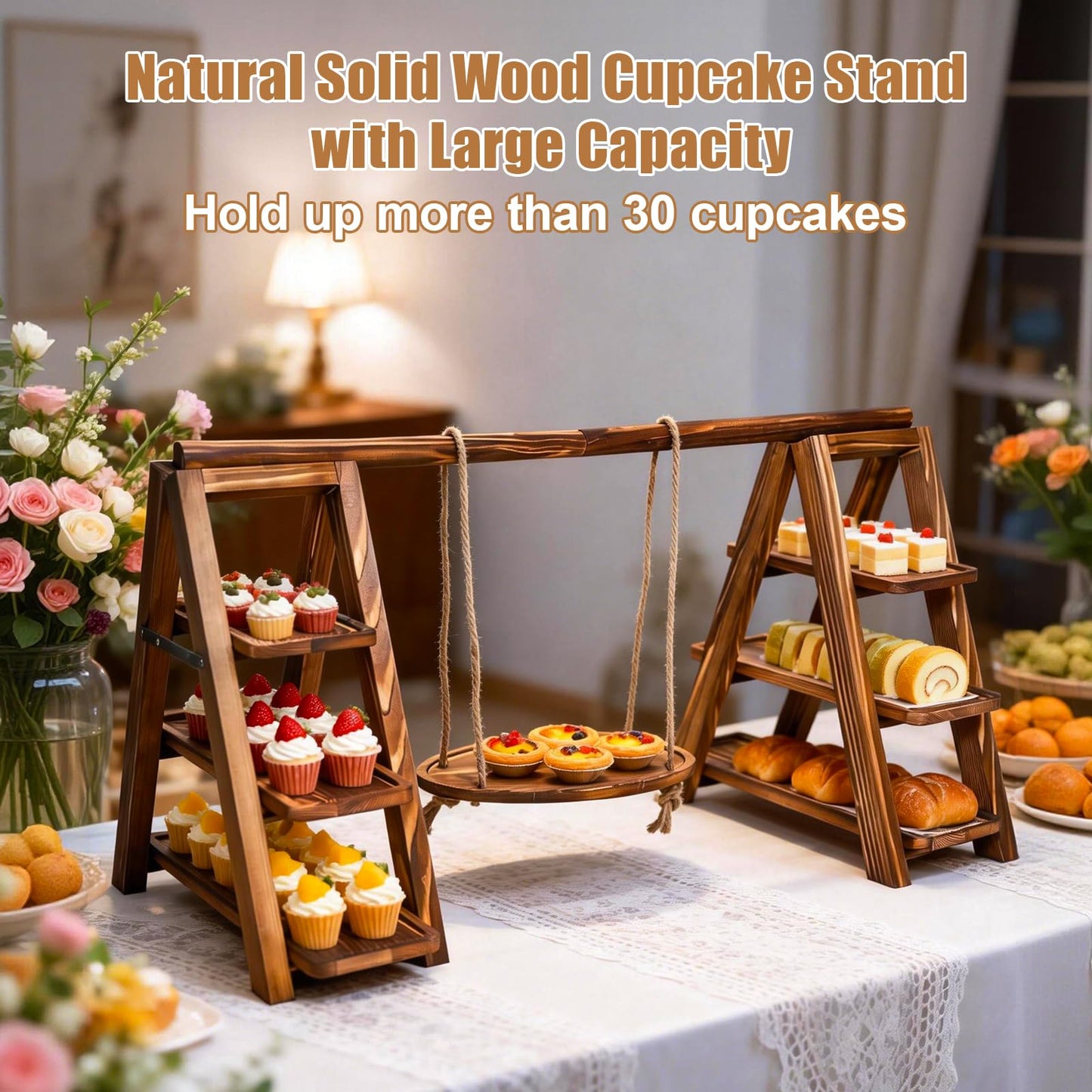3 Tier Cupcake Stand with Swing, Wooden Cupcake Stand, Swing Cupcake Stand with Removable Serving Platter and Foldable Ladder for Birthday Anniversary Party Decoration