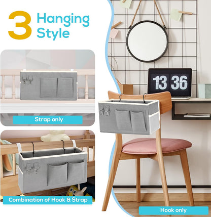 1pcs (Grey-1pcs) Kanrichu Bedside Caddy Hanging Storage Bag, Organizer Baskets with Pockets for Bunk Bed Accessories