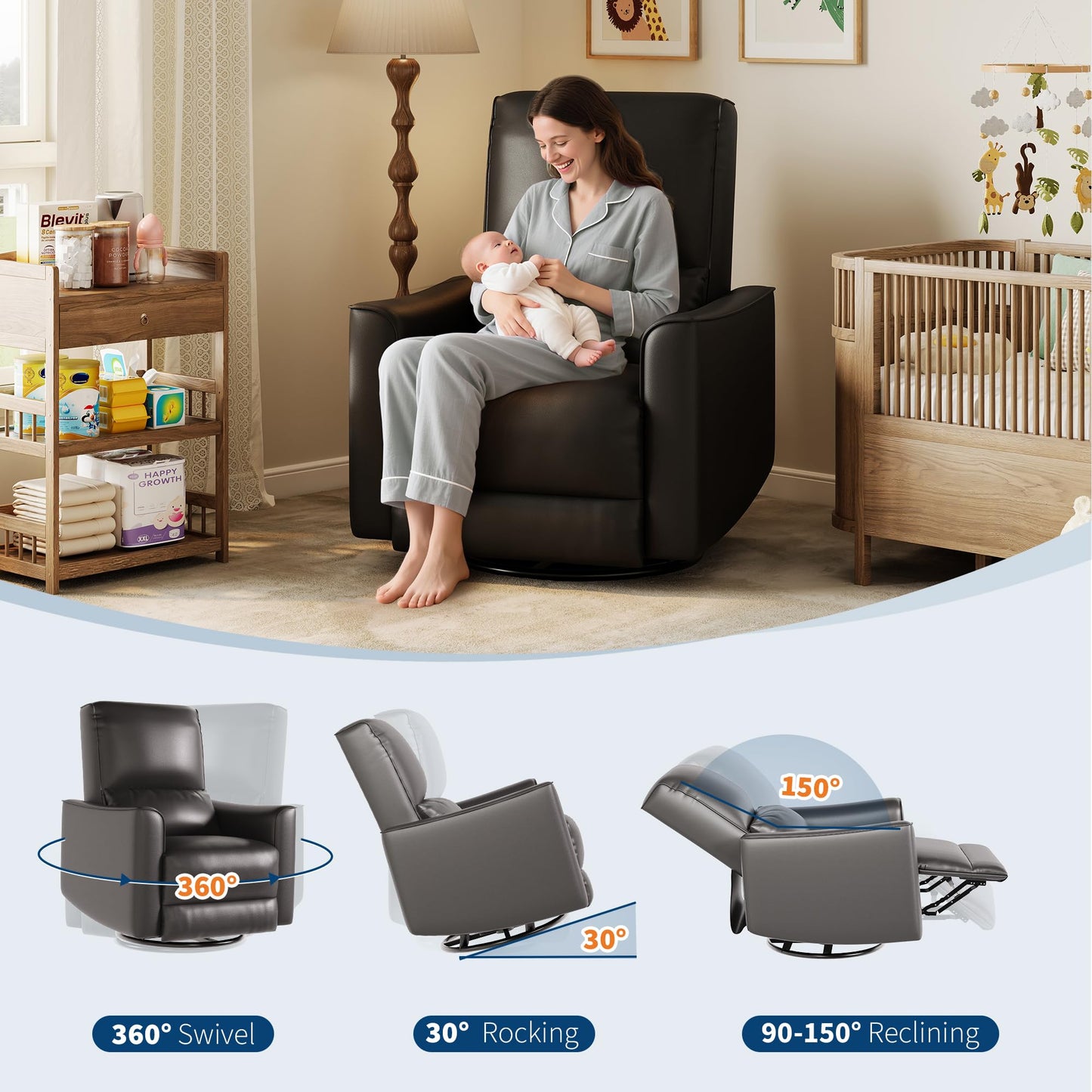 IDEALHOUSE Swivel Rocking Nursery Recliner Chair Rocker Recliner Glider Deep Seat PU Leather Sofa Chair with high Backrest for Nursery, Living Room, Bedroom & Home Movie Theater (Black)