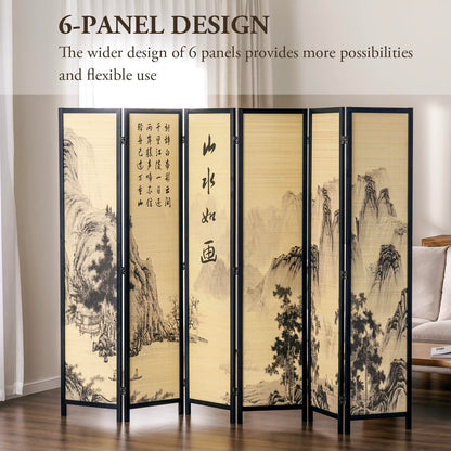MyGift Decorative 6 Panel Folding Room Divider Bamboo Screen with Chinese Calligraphy Design, 6FT Freestanding Floral Artwork Room Partitioner with Black Wood Frame 94.5''W x 69''H