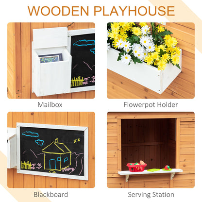 Outsunny Wooden Playhouse for Kids Outdoor with Working Door, Windows, Mailbox, Bench, Flowers Pot Holder, 48" x 42.5" x 53", Yellow