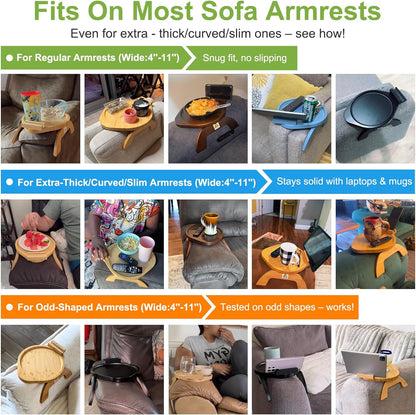 360 Couch Arm Tray Table,Bamboo Sofa Side Tables Clip-on Couch with Phone Holder,Foldable Sofa Armrest Tray