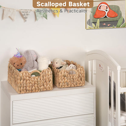 iEGrow Scalloped Wicker Basket, Set of 2 Woven Rattan Natural Water Hyacinth Baskets with Built-in Handles, Rectangle Storage Baskets for Organizing, Decor, Shelf and Nursery Room