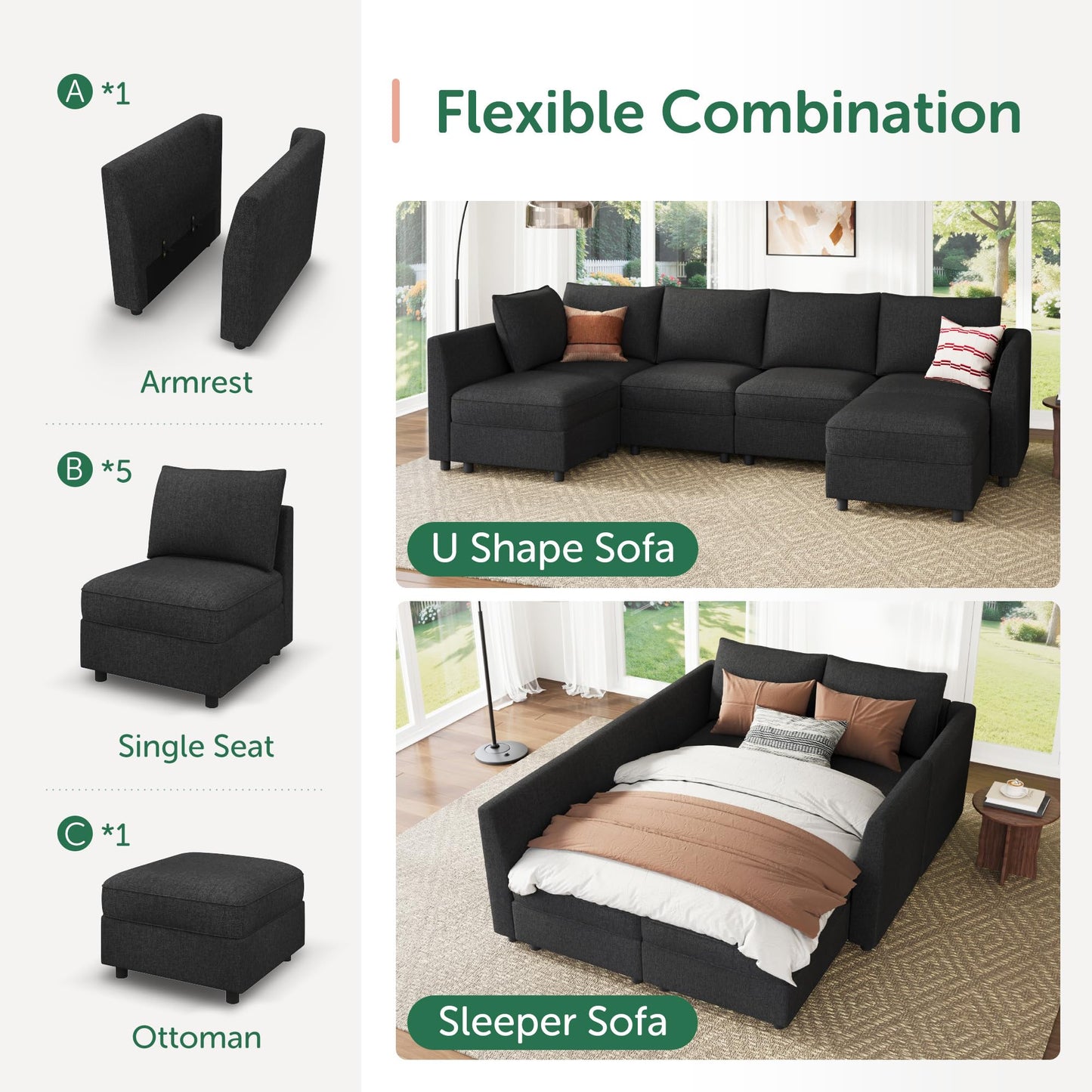 HONBAY Modular Sectional Sofa L Shaped Sectional Couch with Storage, Convertible Couches for Living Room - Linen Grey