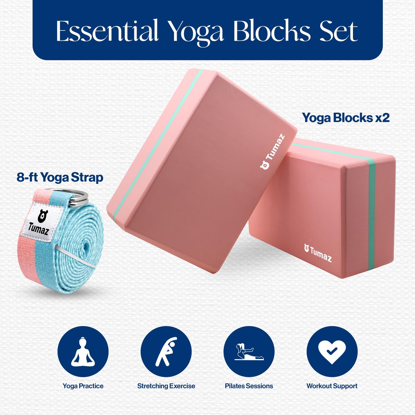 Tumaz Non-Slip Yoga Blocks 2-Pack - High Density/Lightweight EVA Foam & Natural Cork for Stability, Premium Set with E-Book Included