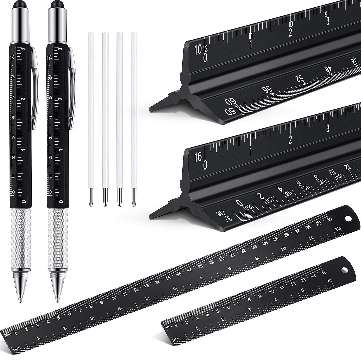 Weewooday 10 Pieces 12 Inch Architectural Scale Ruler Aluminum Triangular Engineering Ruler Scale with 6 in 1 Multitool Pen Ballpoint Pen for Architects, Draftsman, and Engineers