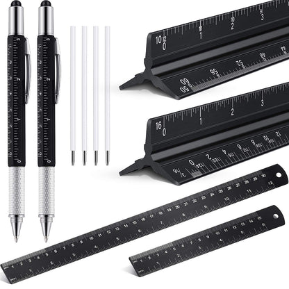 Weewooday 10 Pieces 12 Inch Architectural Scale Ruler Aluminum Triangular Engineering Ruler Scale with 6 in 1 Multitool Pen Ballpoint Pen for Architects, Draftsman, and Engineers