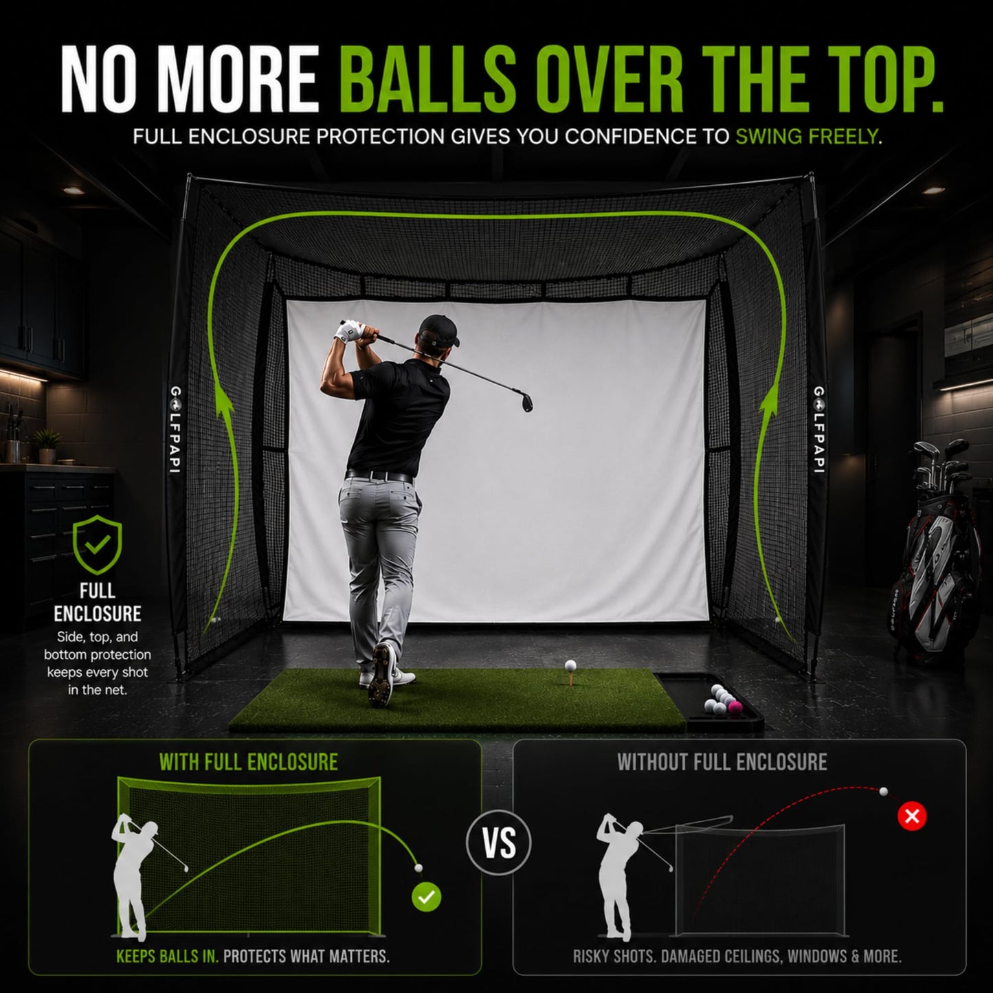 GOLF PAPi Mobile Golf Simulator Net – 10ft Compact Practice Net with Steel Frame & Impact Screen – Indoor & Outdoor Golf Training for Backyard, Garage & Home Sim Setup