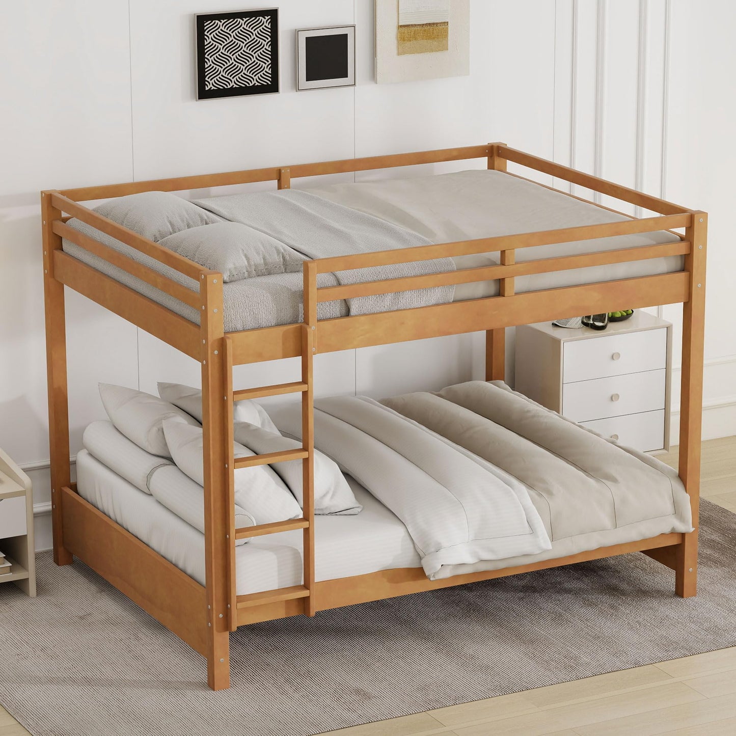 Merax Modern Queen Over Queen Size Wood Bunk Bed with Ladder, No Box Spring Required, Space-Saving, Wood Color