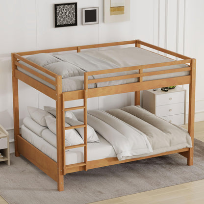 Merax Modern Queen Over Queen Size Wood Bunk Bed with Ladder, No Box Spring Required, Space-Saving, Wood Color