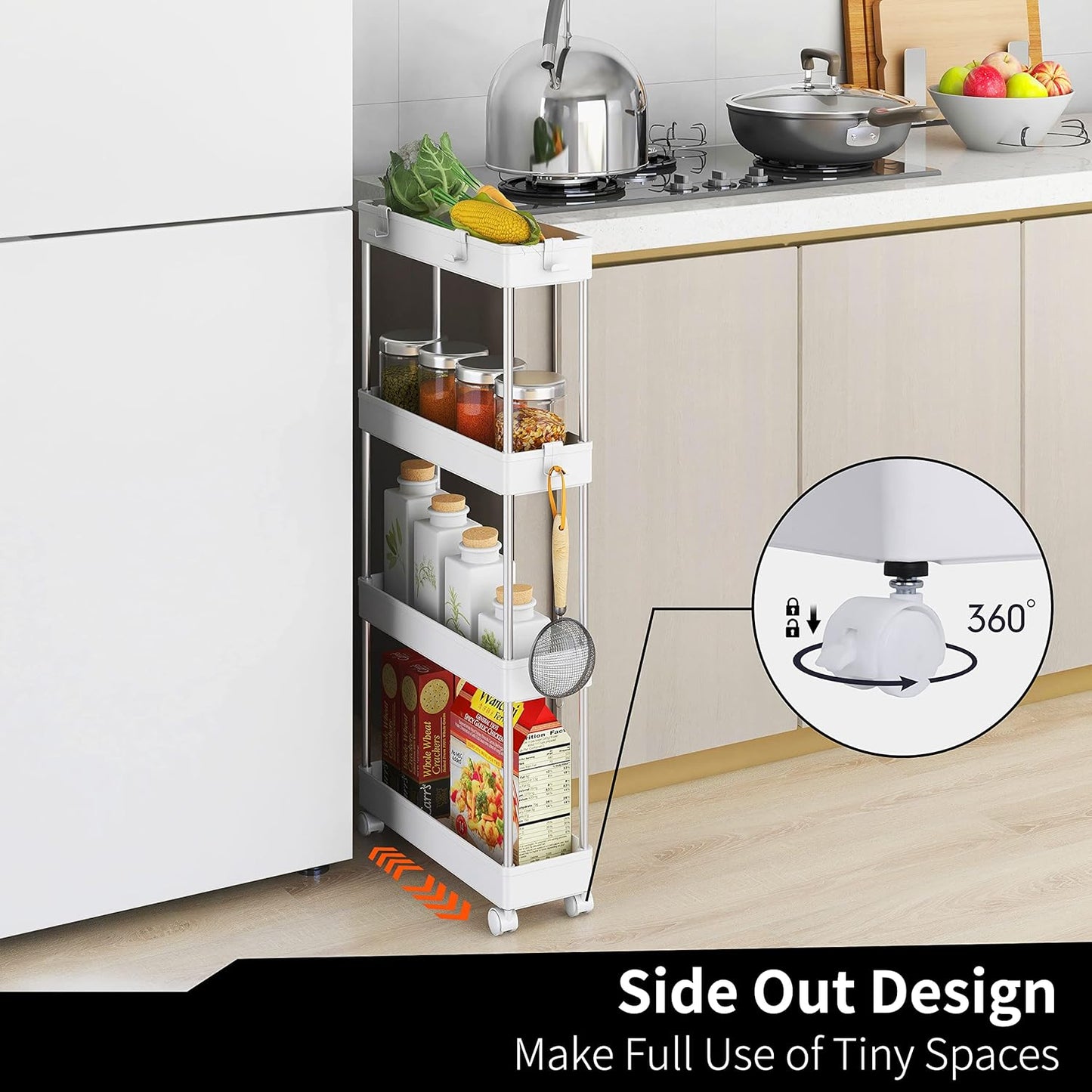 4 MELDEVO Tier Slim Storage Cart Mobile Shelving Unit Organizer Slide Out Storage Rolling Utility Cart Tower Rack