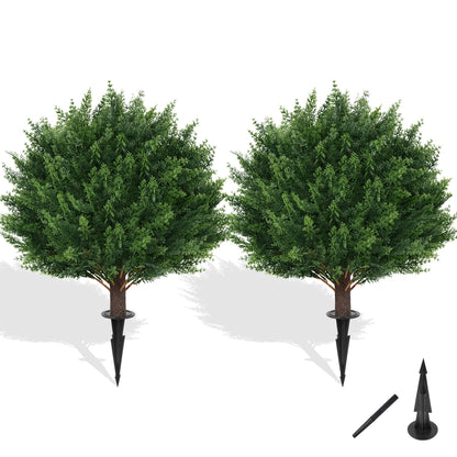 Grooy Artificial Cypress Topiary Tree with Ground Spike, Set of 2 Artificial Shrub Bushes, Fake Evergreen Tree for Porch, Artificial Plants for Outdoor Planters Indoor UV Resistant