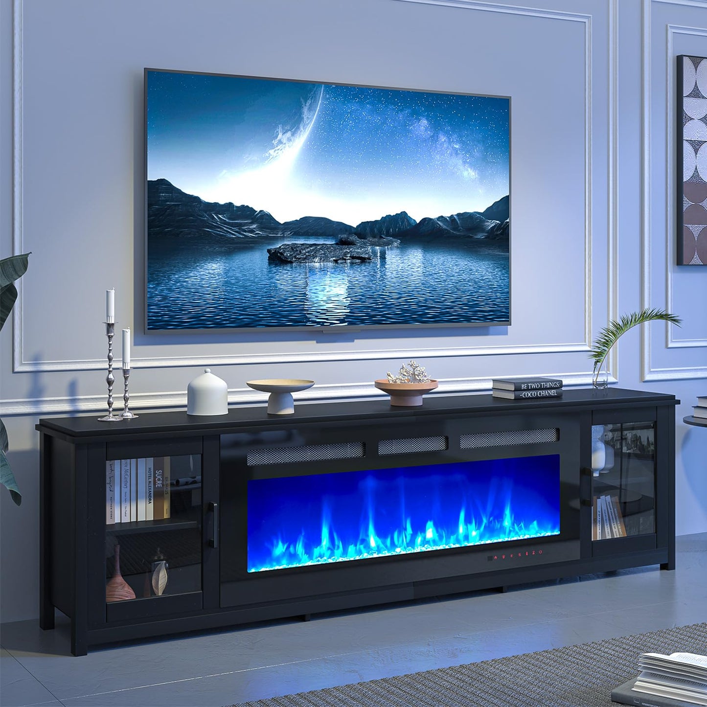 MXV 80" Fireplace TV Stand, Modern Entertainment Center with 50 Inch Smart Fireplace, Adjustable Shelf & Glass Door, Fire Place with WI-FI Enabled, TV Console for Living Room, Black