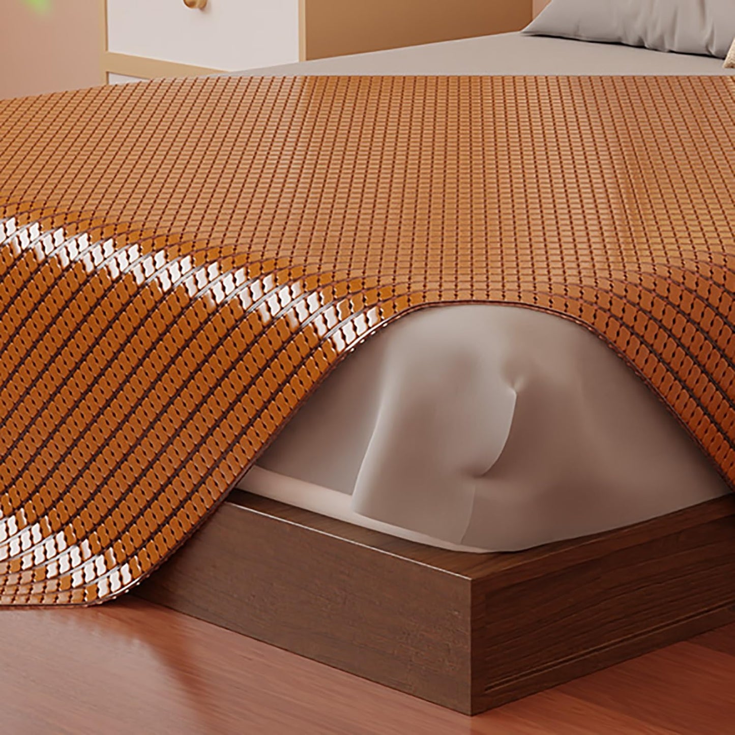 Summer Cooling Bamboo Sleeping Mat - Foldable Double-Sided Straw Mat King Size Cool Mattress Topper Breathable Air Conditioning Pad for Living Room & Bedroom Floor