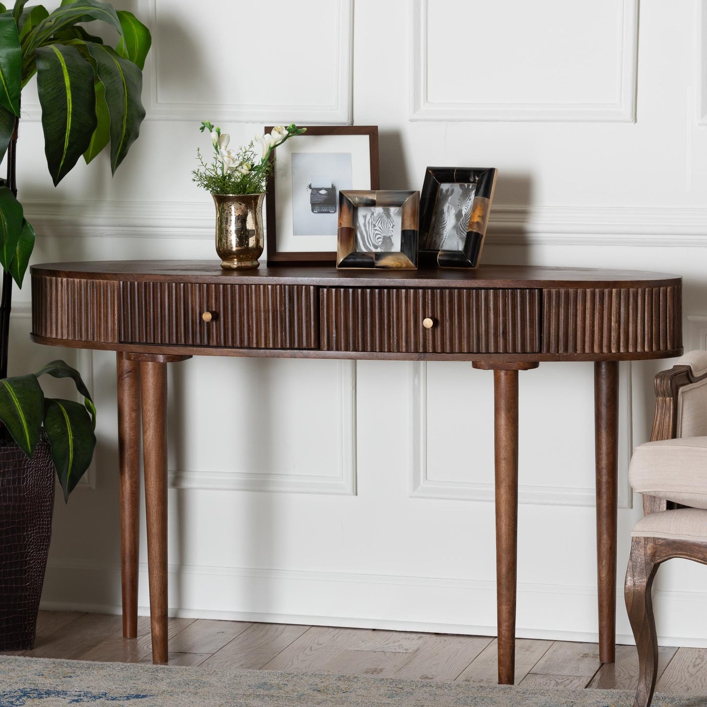 Baxton Studio Linore Fluted Wood Console Table - 2-Drawer Oval Accent Table for Living Room or Entryway