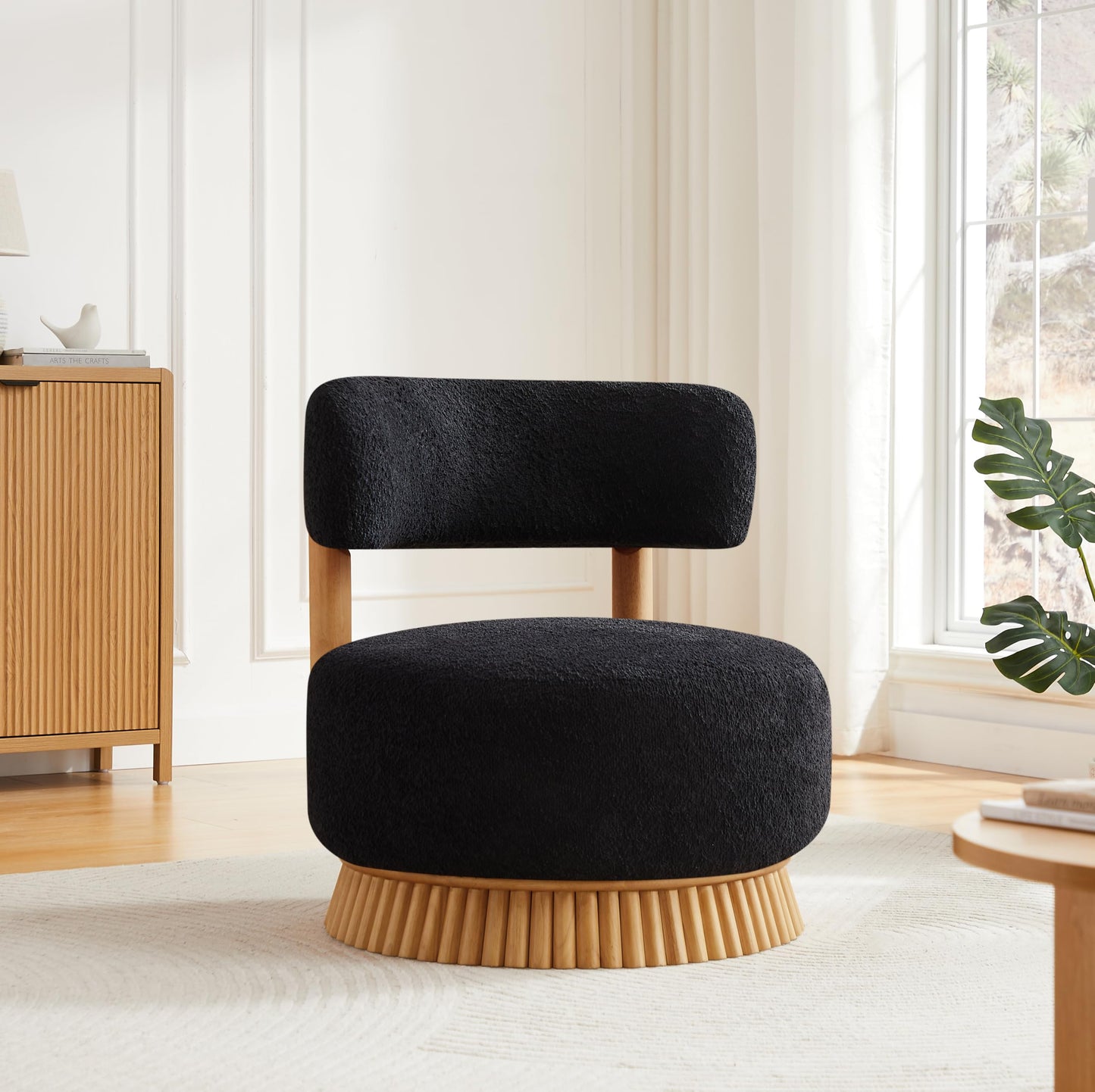 Christopher Knight Home Eloise Modern Accent Chair for Living Room, Boucle Upholstered Single Lounge Sofa Chair with Wooden Frame, Comfy Reading Chair for Bedroom, Black+Natural