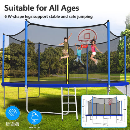 Lyromix Upgraded 16FT Trampoline with Lights, Large Outdoor Trampoline with Sprinkler,Basketball Hoop and Net, Capacity for 5-8 Kids and Adults, Navy Blue
