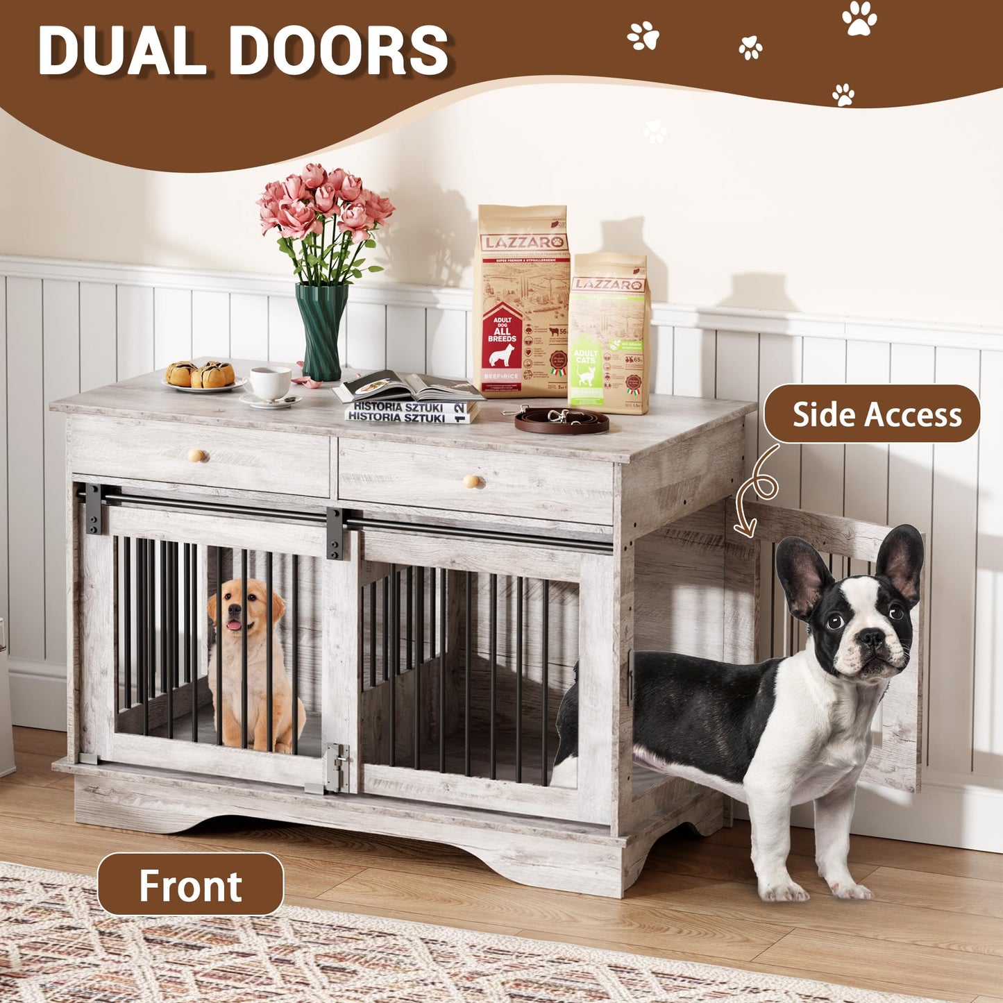 IDEALHOUSE 47'' Dog Crate Furniture,Indoor Wooden Dog Kennel with 2 Storage Drawers,4 Doors and Large Tabletop,Decorative Pet House for Large, Medium, and Small Dogs(Grey)
