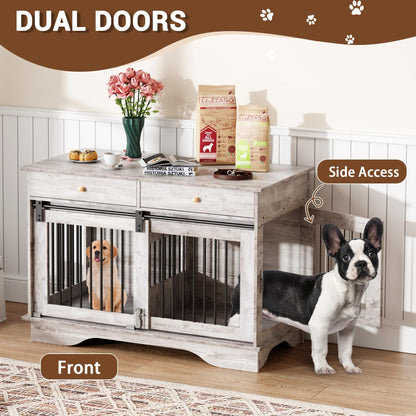 IDEALHOUSE 47'' Dog Crate Furniture,Indoor Wooden Dog Kennel with 2 Storage Drawers,4 Doors and Large Tabletop,Decorative Pet House for Large, Medium, and Small Dogs(Grey)
