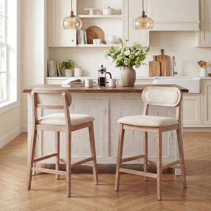 Christopher Knight Home Kaylin Modern Counter Height Bar Stools Set of 2, Upholstered Bar Stool for Kitchen Island, Rubberwood Dining Room Chair, Counter Stool with Footrest, Natural+Beige