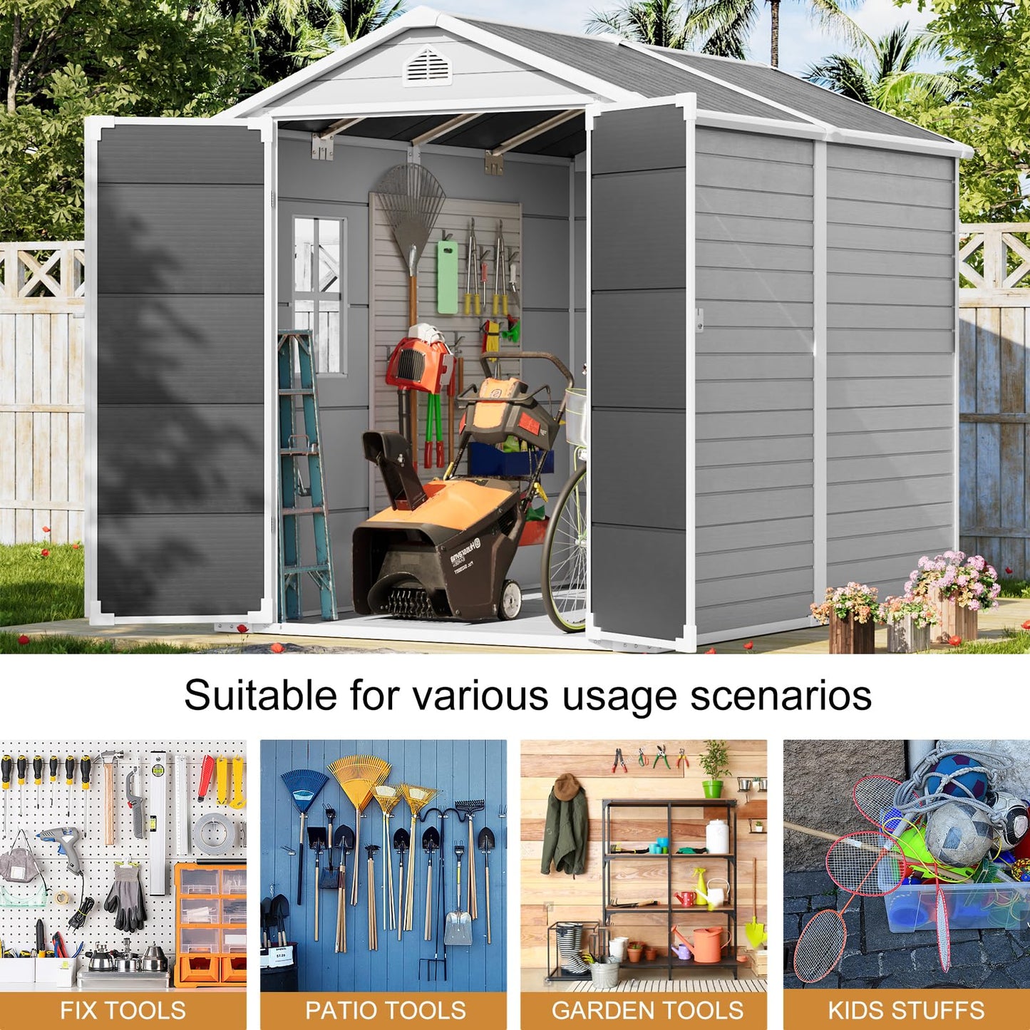 Resin Storage Shed with Floor 8 x 6 FT Waterproof Plastic Outdoor Garden Sheds Kit with Lockable Door & Windows,Patio Tool Shed for Backyard Lawn, Gray
