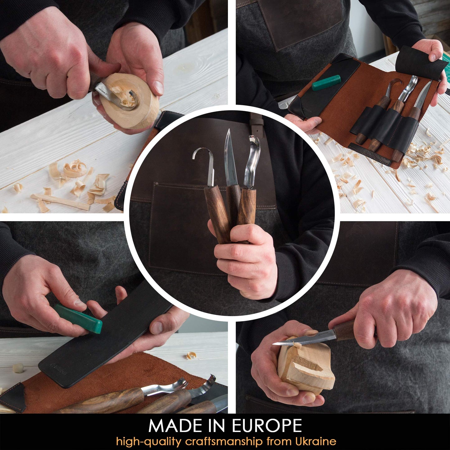 BeaverCraft LS6P1 Leather Strop for Knife Sharpening with Polishing Compound 14" S14x Deluxe Wood Spoon Carving Tools Kit Leather Roll-Up Case