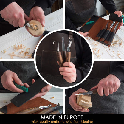 BeaverCraft LS6P1 Leather Strop for Knife Sharpening with Polishing Compound 14" S14x Deluxe Wood Spoon Carving Tools Kit Leather Roll-Up Case