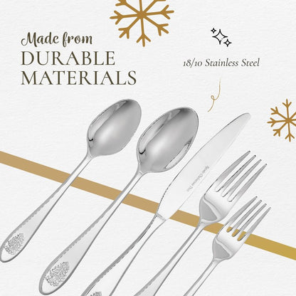 Spode Christmas Tree Collection 20-Piece Stainless Steel Flatware Set - Holiday Cutlery Set - Dishwasher Safe Silverware - 4 Dinner Forks, Salad Forks, Dinner Knives, Tablespoons, Teaspoons